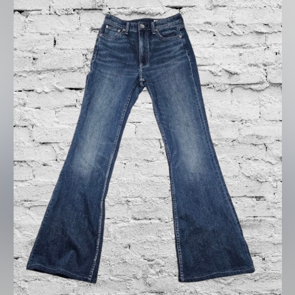 rag & bone Casey High Rise Flare Medium Dark Blue Denim Jeans Slim Thru Thighs